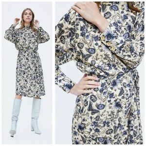 ZARA Z1975 Denim Floral Printed Midi Dress Long Sleeve, Cream & Blue